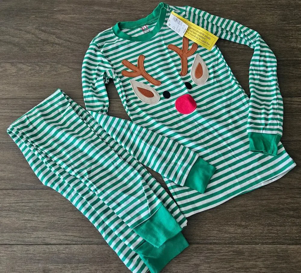 NWT The Children's Place Christmas Reindeer Pajamas Green & White Size 10